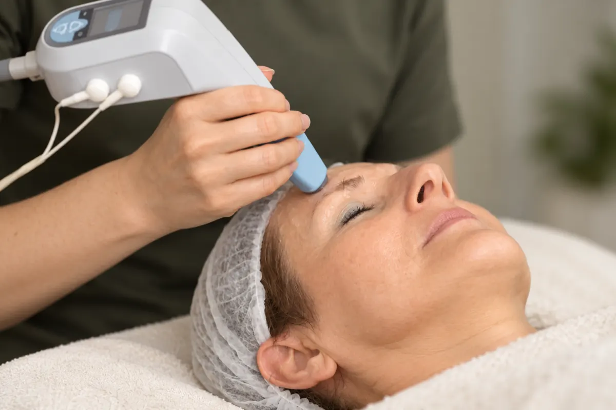 Exilis Protégé huidverstrakking: de radiofrequentie-handgreep wordt over het voorhoofd van een vrouw van middelbare leeftijd bewogen.