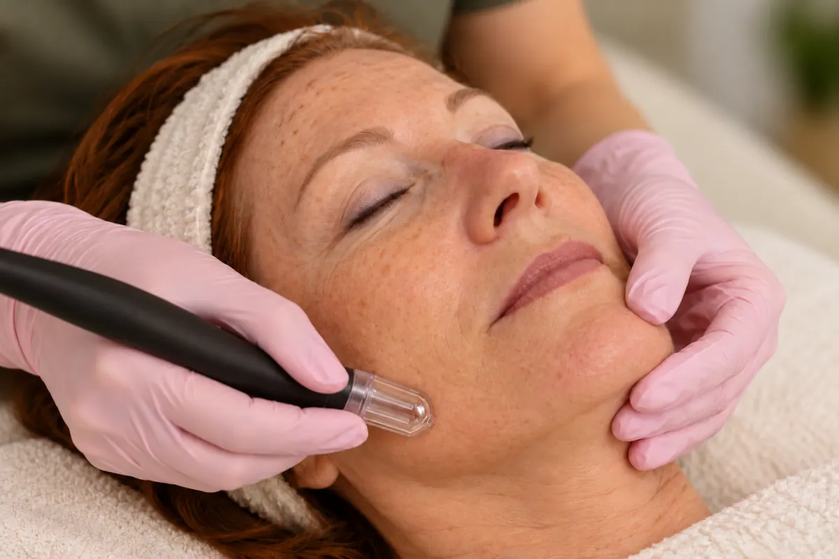 Medische microdermabrasie bij Elim Instituut: een handstuk met kristalpunt gaat over de wang van een vrouw van rond de 50 met sproeten.