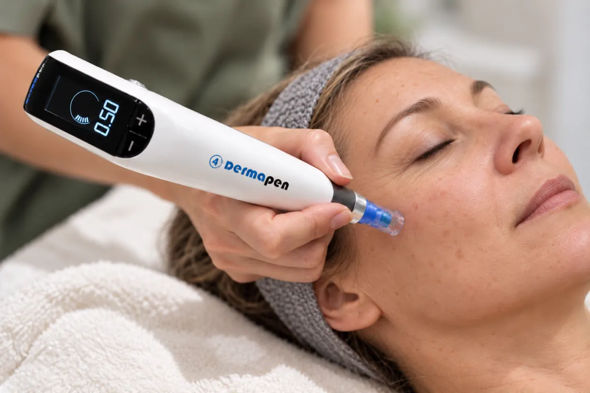 Mesodermapen-behandeling: een Dermapen 4 behandelt de wang van een vrouw van rond de 50 voor fijne lijntjes en een egalere huid.