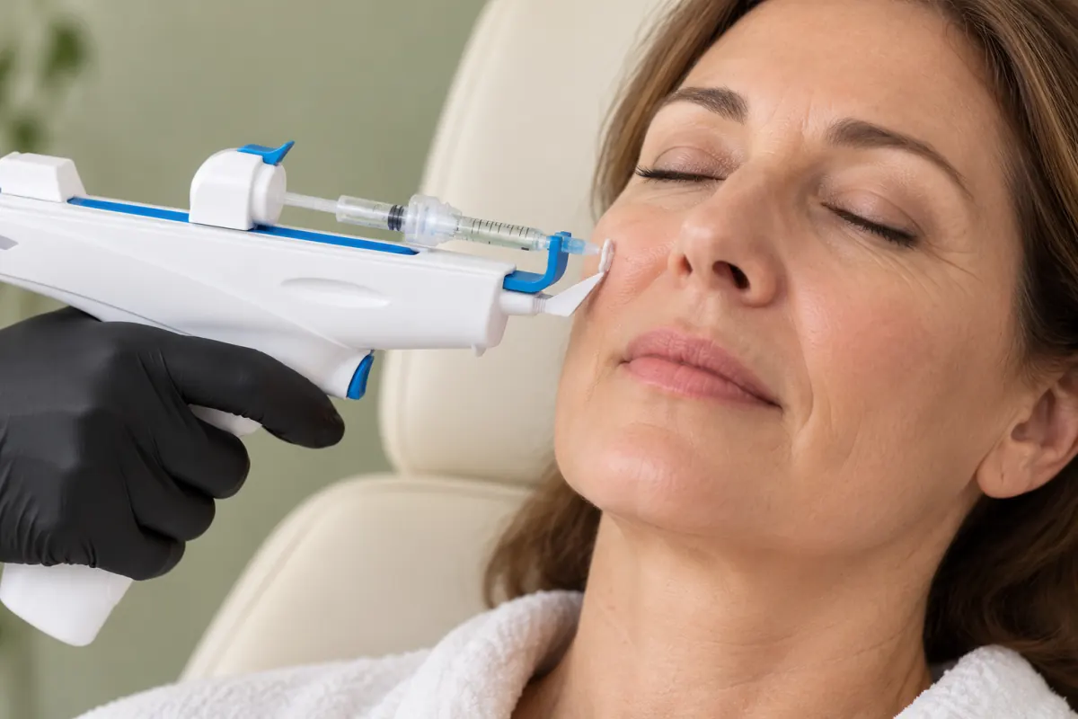 Hyaluronzuur filler met de mesotherapie-gun: filler wordt in kleine druppels in de huid van de wang van een vrouw van middelbare leeftijd.