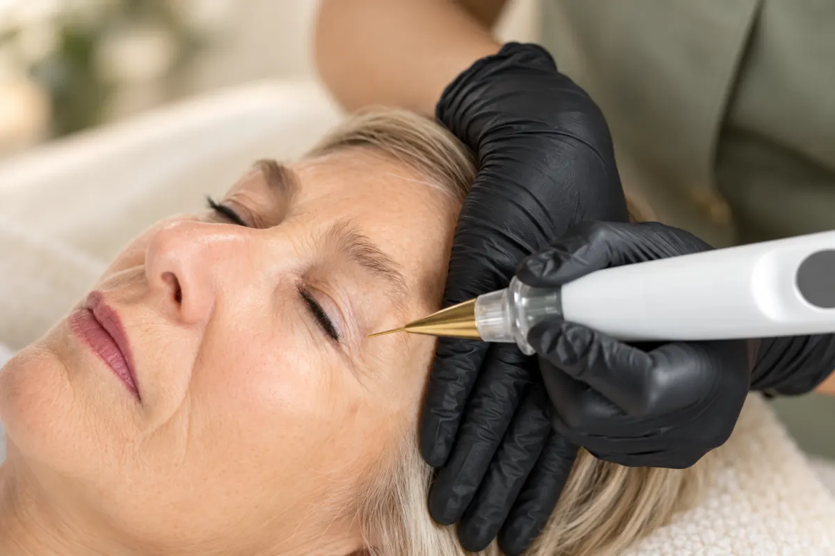 Plasma ooglidcorrectie zonder snijden: een plasmapen behandelt de huid van het bovenooglid bij een oudere vrouw.