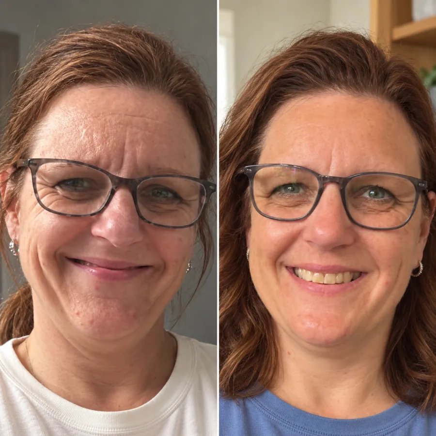 Voor en na huidverjonging bij Elim Instituut: minder diepe rimpels rond de ogen en een frissere, egalere huid bij een vrouw met bril.