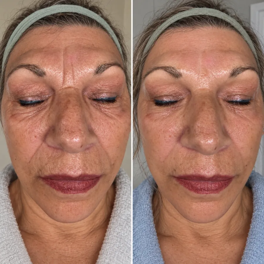 Voor en na een rimpelbehandeling zonder botox: zachtere fronslijn en minder lijntjes op het voorhoofd en rond de mond.