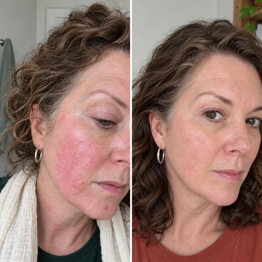 Voor en na de behandeling van rosacea: de felle roodheid op de wang is verdwenen en de huid is kalm.