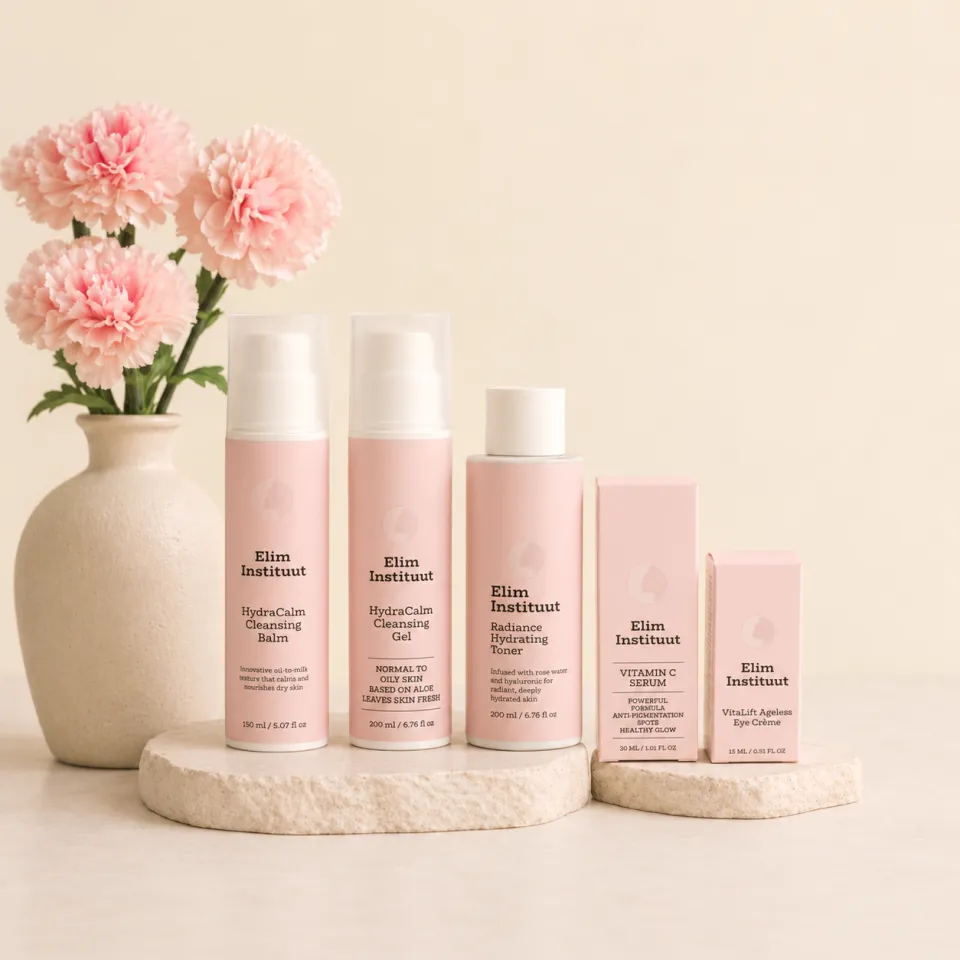 Huidverzorging van Elim Instituut Skincare: cleansing balm, cleansing gel, toner, vitamine C-serum en oogcrème voor je routine thuis.
