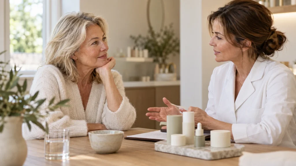 Een vrouw in gesprek met een huidspecialist in een lichte ruimte, met potjes en flesjes op tafel: advies over collageen.