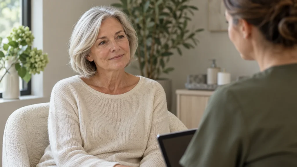 Een vrouw met grijs haar in gesprek met een adviseur: professionele ondersteuning voor gezond ouder worden.