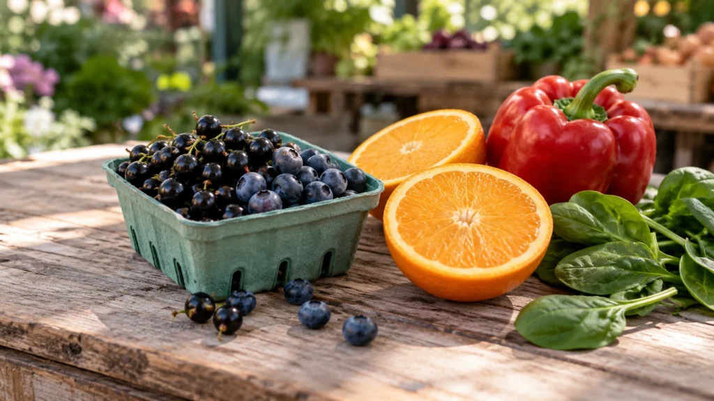 Bosbessen, een halve sinaasappel, rode paprika en spinazie: voeding rijk aan antioxidanten en vitamine C.