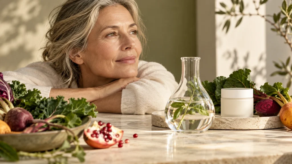 Een vrouw aan tafel met boerenkool, rode biet, granaatappel, een karaf water en een potje: antioxidanten tegen vrije radicalen.