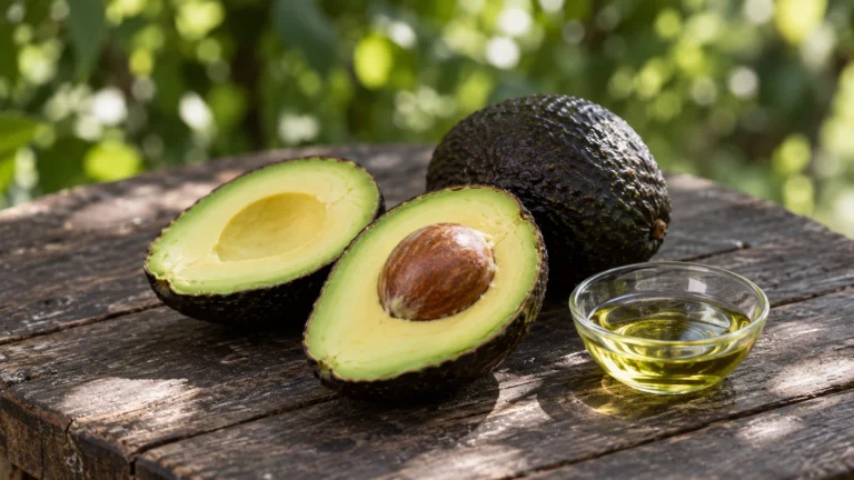 Halve verse avocado's en een schaaltje avocado-olie op een houten tafel: voeding voor een soepele huid.