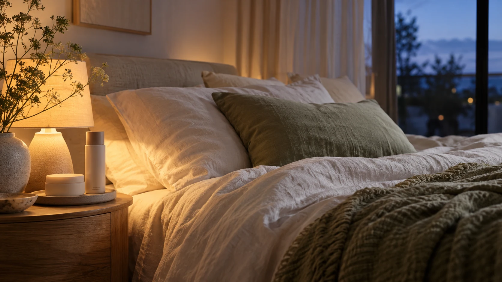 Een rustige slaapkamer met een brandende lamp en linnen beddengoed in avondlicht: beter slapen voor een jongere huid.