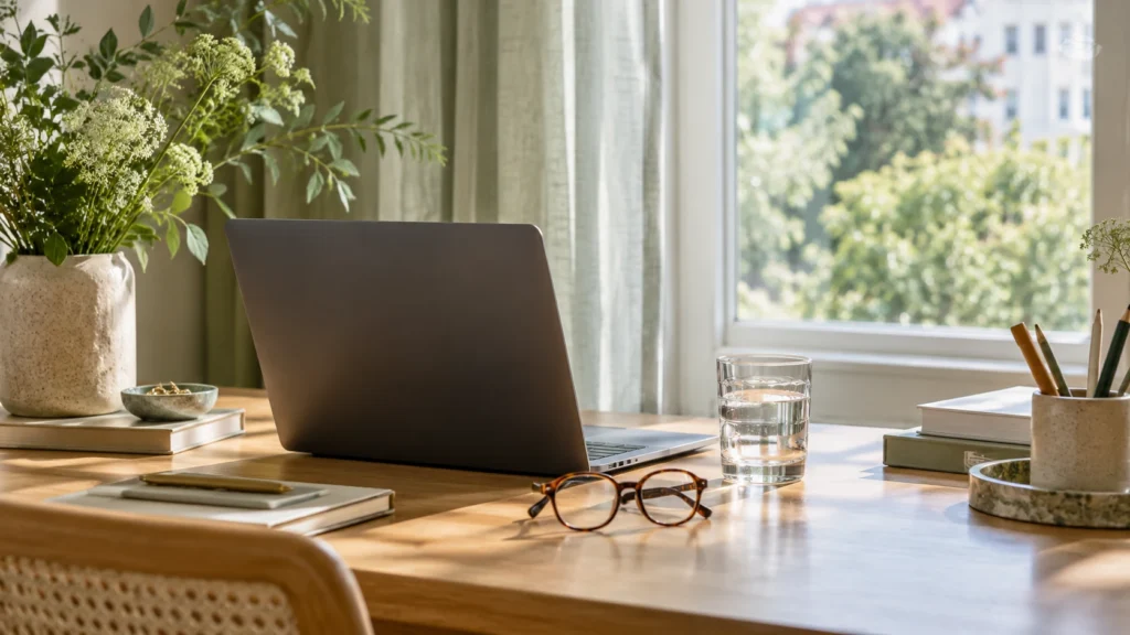 Een laptop, een bril en een glas water op een bureau bij een raam: schermgebruik en blauw licht.