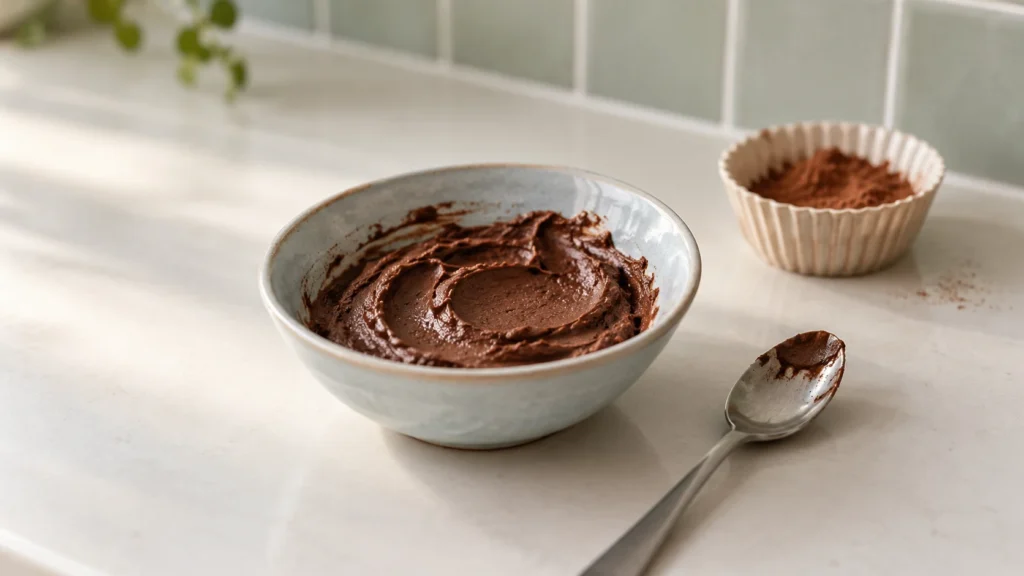 Een kom met zelfgemaakt cacaomasker, een lepel en een bakje cacaopoeder op een lichte tafel.