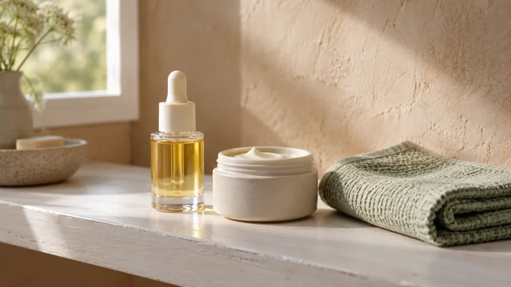Een flesje serum, een pot crème en een groene handdoek op een lichte plank: dagelijkse huidverzorging.