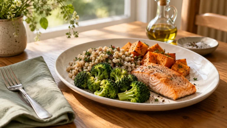 Een bord met zalm, broccoli, zoete aardappel en volkoren granen: voeding die je huid stevig houdt.