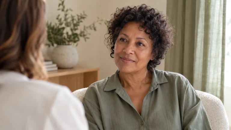 Een glimlachende vrouw met krullend haar in een rustig adviesgesprek over huidbehandelingen.