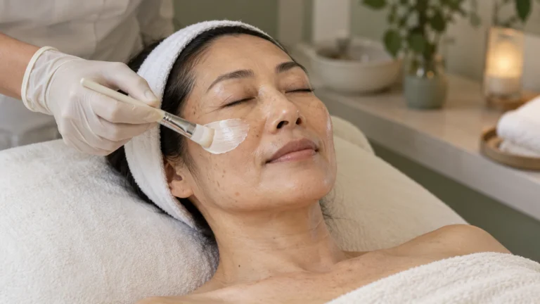 Een hydraterend crèmemasker wordt met een kwastje op de wang van een ontspannen vrouw aangebracht.