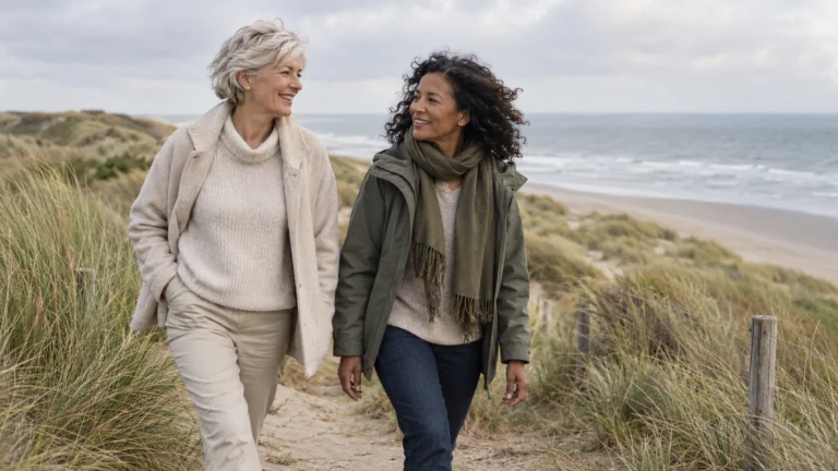 Twee vrouwen wandelen ontspannen over een duinpad langs de zee: een gezonde leefstijl voor een jongere huid.