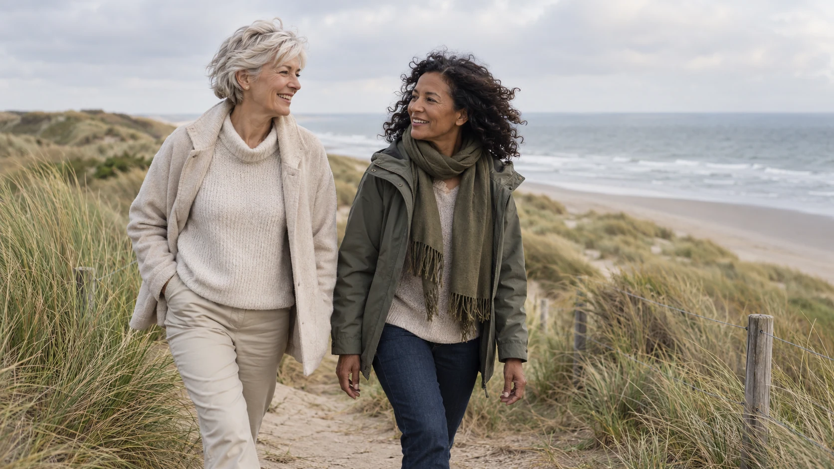 Twee vrouwen wandelen ontspannen over een duinpad langs de zee: een gezonde leefstijl voor een jongere huid.