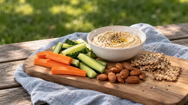 Een houten plank met wortel, komkommer, hummus, amandelen en crackers: een gezonde snackplank.