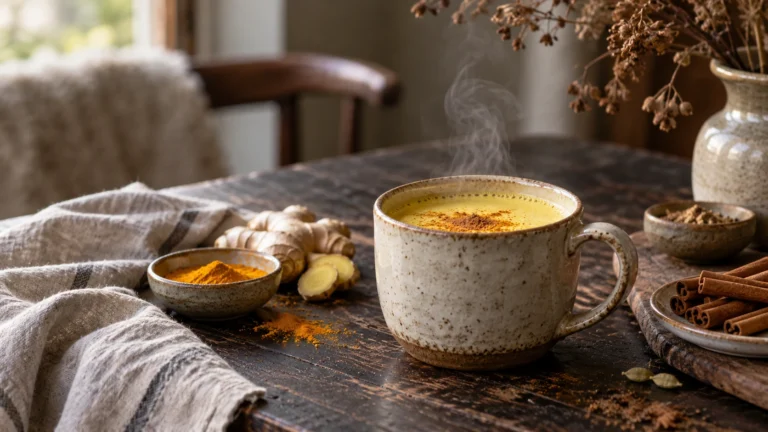 Een aardewerken mok golden milk met stoom, kaneelstokjes, verse gember en een schaaltje kurkuma op een houten tafel.
