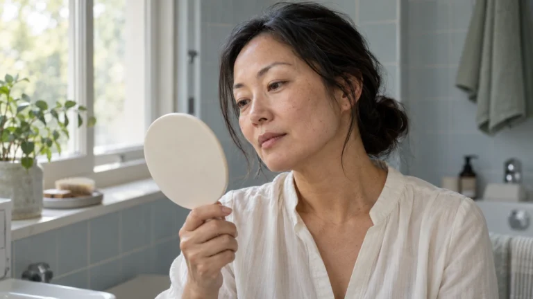 Een vrouw kijkt in een handspiegel naar haar huid, in een lichte badkamer.