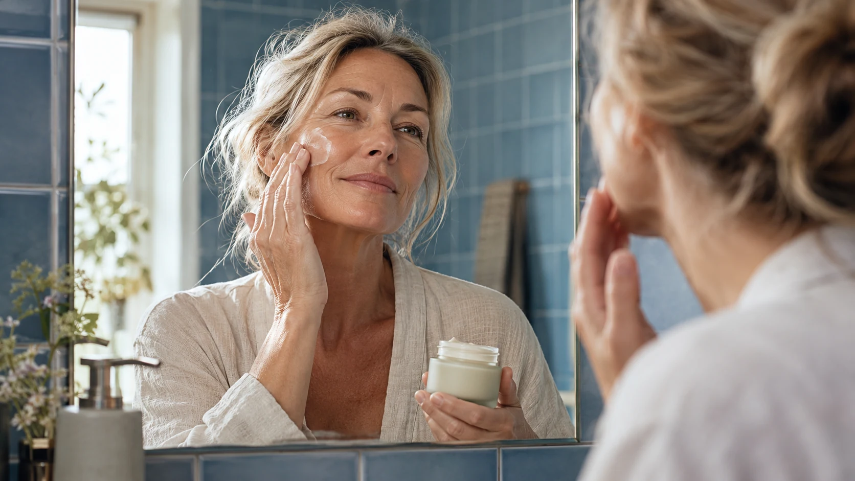 Een vrouw brengt crème aan op haar wang voor een badkamerspiegel: een dagelijkse huidverzorging routine.