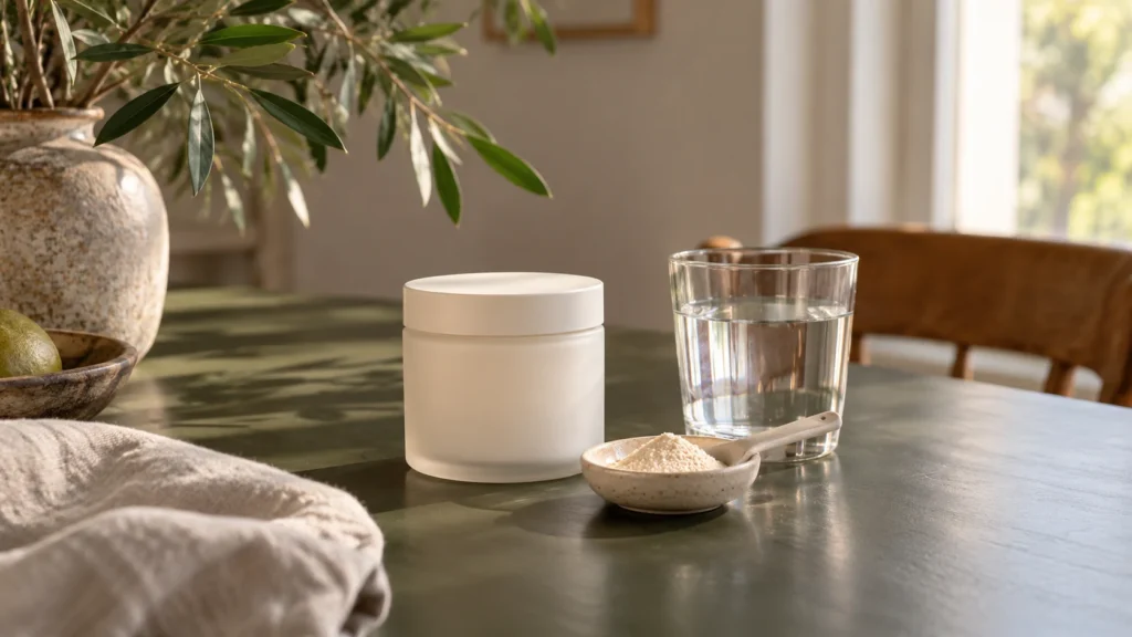 Een wit potje, een glas water en een lepeltje poeder op een tafel: de huid van binnenuit ondersteunen.