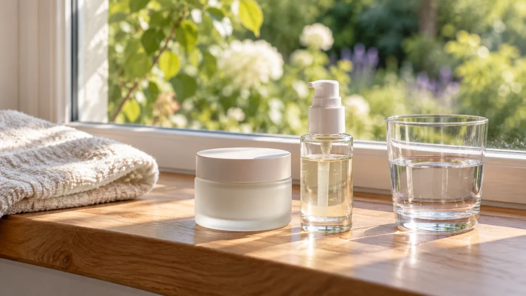 Een pot moisturizer, een pompflesje serum en een glas water op een vensterbank: een hydraterende routine.