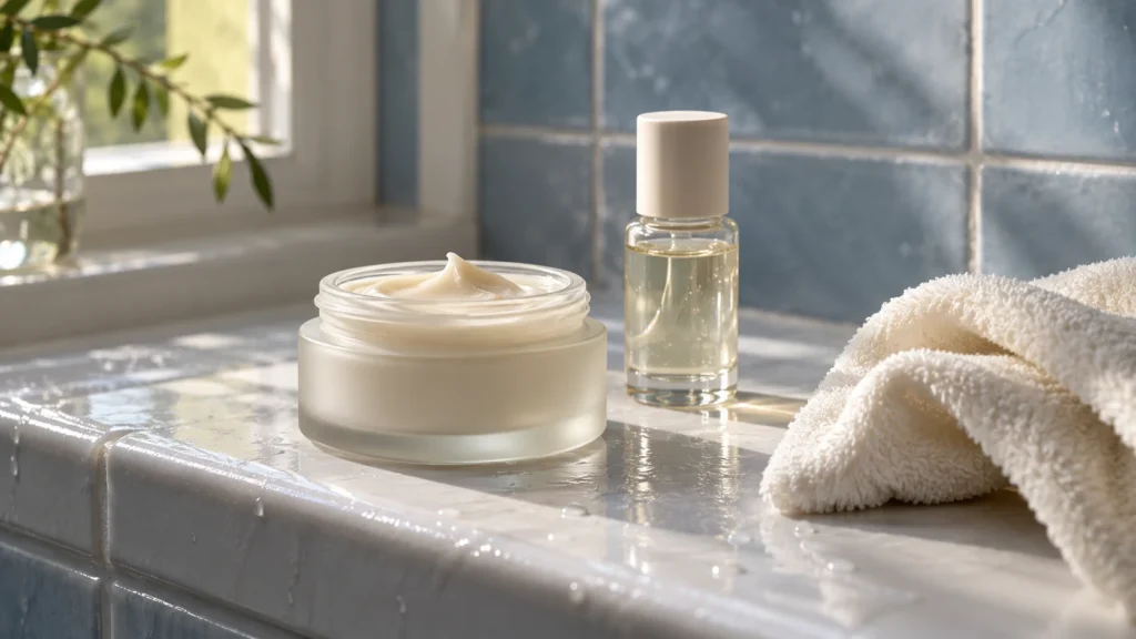 Een glazen pot hydraterende crème, een flesje en een handdoek op een betegelde rand: hydraterende skincare.