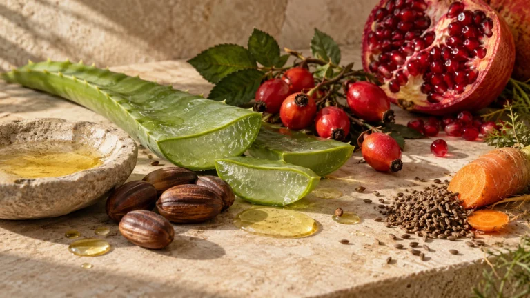 Aloë vera, rozenbottels, een granaatappel, wortel, noten en oliën op een stenen blad: plantaardige ingrediënten voor huidverzorging.