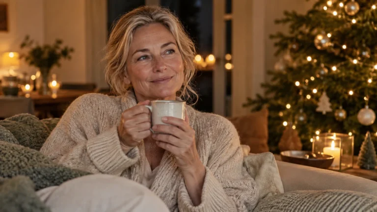 Een vrouw zit met een kop thee op de bank bij een verlichte kerstboom: rustig blijven in de drukke decembermaand.