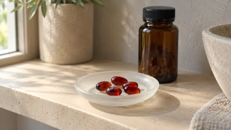 Donkerrode krill olie softgels in een schaaltje naast een bruin glazen potje op een badkamerplank.