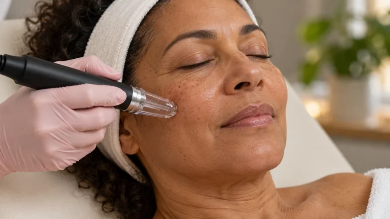 Medische microdermabrasie: een transparante behandelkop glijdt over de wang van een ontspannen vrouw.
