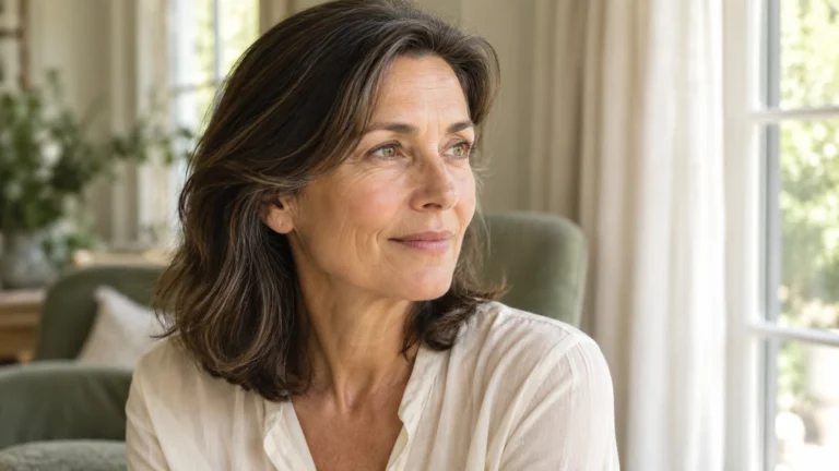 Portret van een vrouw van rond de 55 met een natuurlijke huid, voor een natuurlijke facelift zonder operatie.