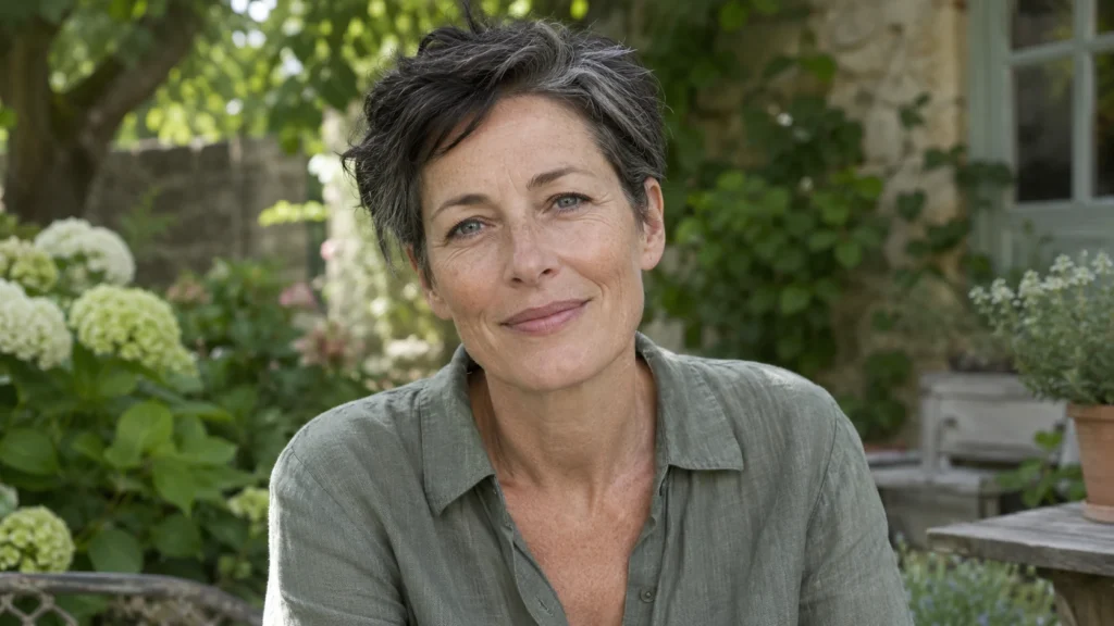 Natuurlijk portret van een vrouw met kort grijzend haar in een tuin: een stralende huid na je 40ste.