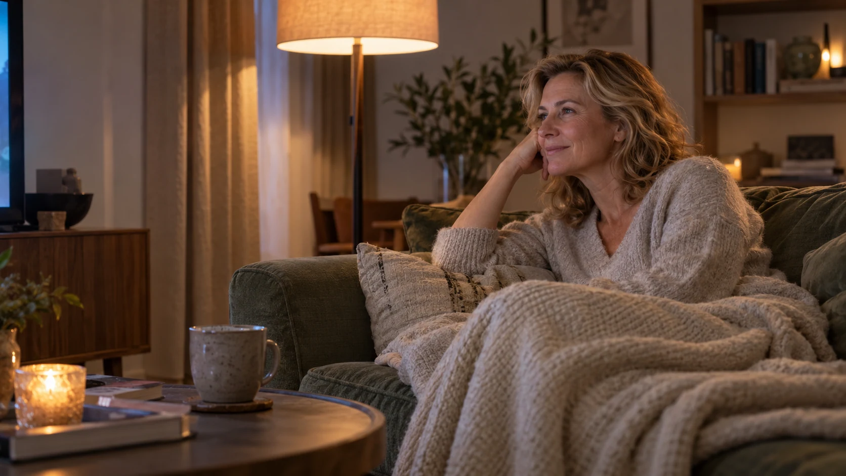 Een vrouw zit ontspannen onder een deken op de bank in de avond, met een kopje thee en een lamp.