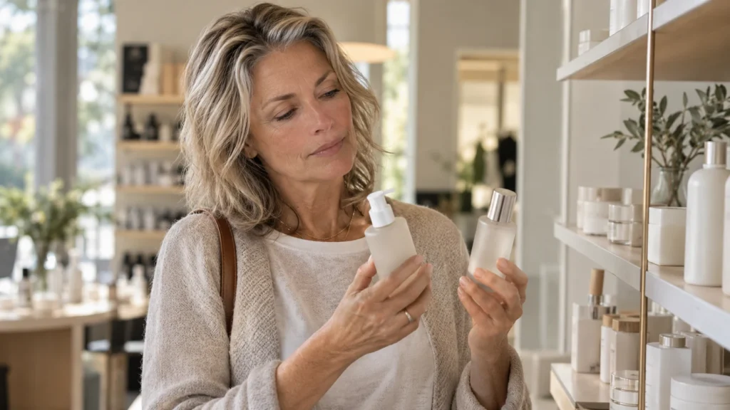 Een vrouw vergelijkt twee flesjes huidverzorging voor een schap in een winkel: de ingrediëntenlijst lezen op parabenen.