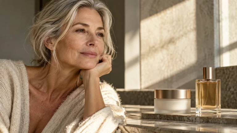Een vrouw met haar hand aan haar wang naast een crèmepot en een flesje parfum: parfum in cosmetica.