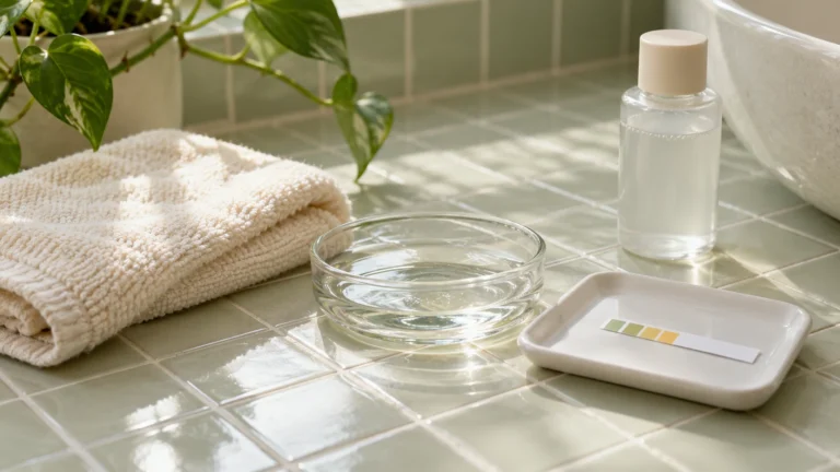 Een pH-teststrip op een schaaltje naast een kom water, een flesje reiniging en een washand.