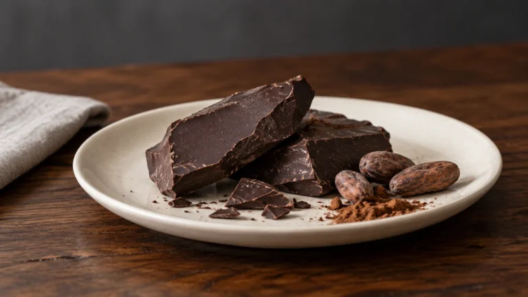 Stukken pure chocolade met cacaobonen en cacaopoeder op een bord: pure chocolade en je huid.