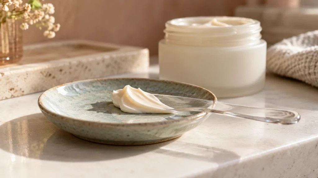 Een schaaltje met een lepel crème naast een crèmepot: de romige textuur van een crème met Q10.