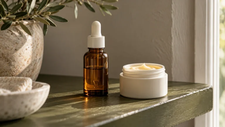 Een bruin pipetflesje met serum en een pot crème op een plank bij een raam: Q10 in huidverzorging.