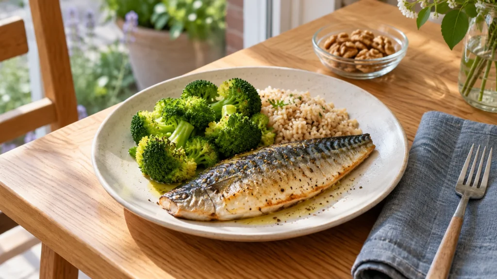 Een bord met gebakken makreel, broccoli en volkoren granen: voeding met Q10 voor je huid.