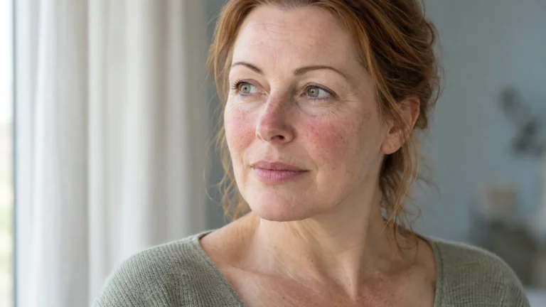 Portret van een vrouw met milde roodheid op de wangen en neus, typisch voor rosacea.