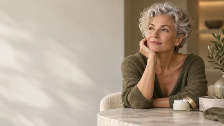 Een vrouw met kort grijs haar leunt op een tafel met een potje crème: huidverbetering in plaats van alleen verzorging.