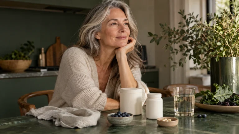 Een vrouw leunt op een tafel met twee witte potjes, bosbessen en een glas water: supplementen voor je huid.