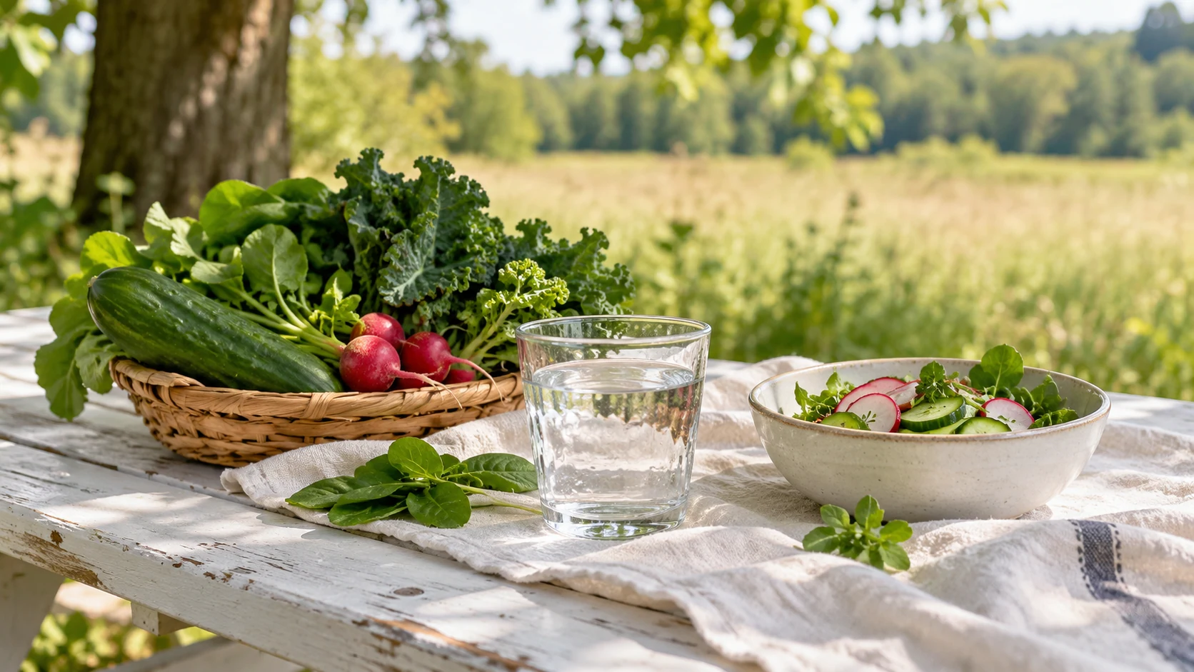 Een glas water, een mandje verse groente en een salade op een tafel in de natuur: ontzuren met voeding.
