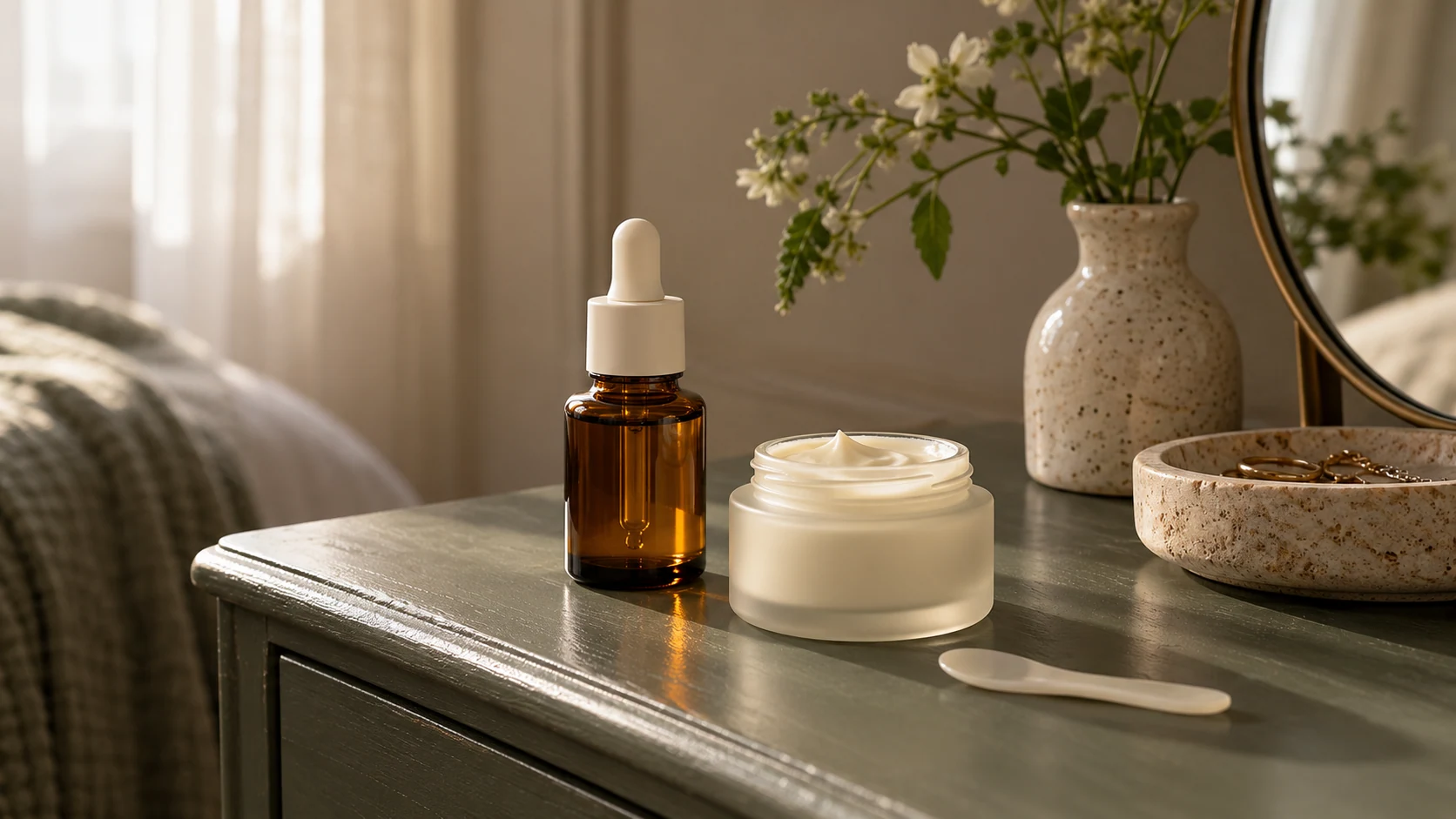 Een bruin pipetflesje met serum en een potje crème op een ladekast: vitamine A in je verzorging.