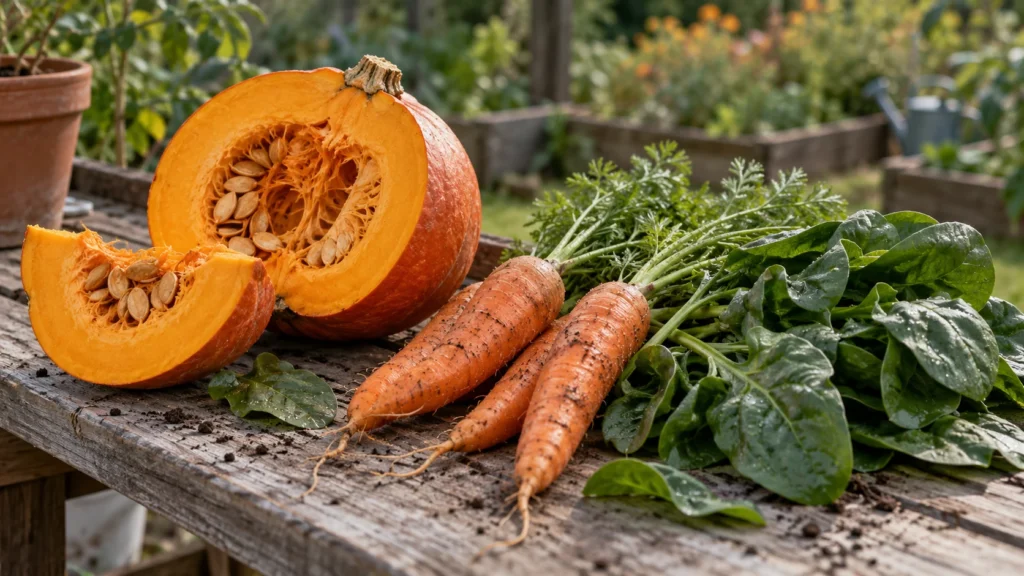 Een halve pompoen, wortels en bladgroente op een houten tafel in de tuin: natuurlijke bronnen van vitamine A.